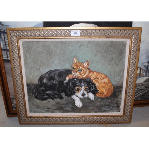 873 - Jean Parry Williams, oil on canvas, study of a cat and dog, 35.5 x 45.5cm, gilt framed