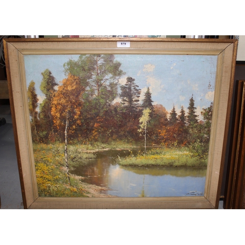 879 - 20th Century oil on canvas, river scene with trees, indistinctly signed, 49 x 59cm together with an ... 