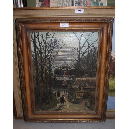 879 - 20th Century oil on canvas, river scene with trees, indistinctly signed, 49 x 59cm together with an ... 