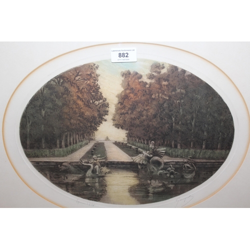 882 - Two late 19th / early 20th Century French oval mounted signed etchings, gilt framed