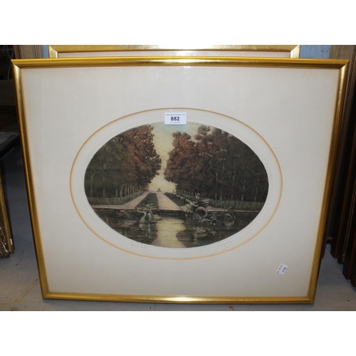 882 - Two late 19th / early 20th Century French oval mounted signed etchings, gilt framed