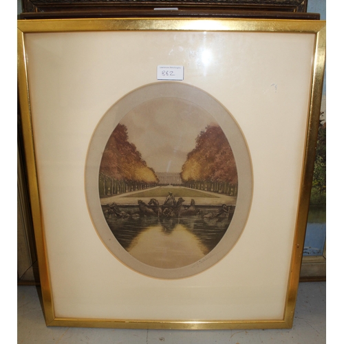 882 - Two late 19th / early 20th Century French oval mounted signed etchings, gilt framed