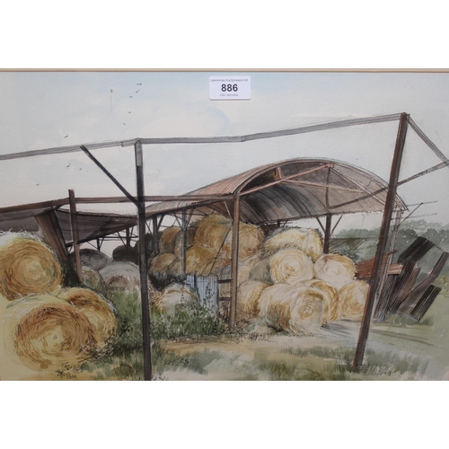 886 - Peter Abnett, watercolour, barn at Wouldham and another similar by Emma Abnett of a bridge, 36 x 45c... 