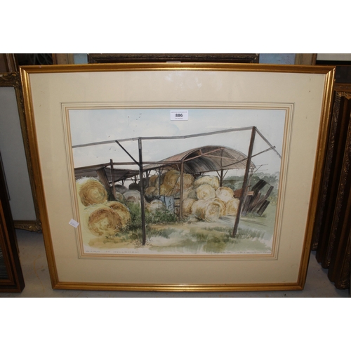 886 - Peter Abnett, watercolour, barn at Wouldham and another similar by Emma Abnett of a bridge, 36 x 45c... 