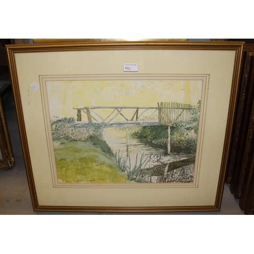 886 - Peter Abnett, watercolour, barn at Wouldham and another similar by Emma Abnett of a bridge, 36 x 45c... 