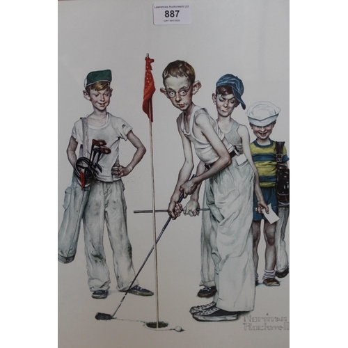 887 - Norman Rockwell, colour print of a children playing golf, 44 x 35cm