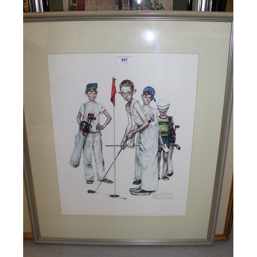 887 - Norman Rockwell, colour print of a children playing golf, 44 x 35cm