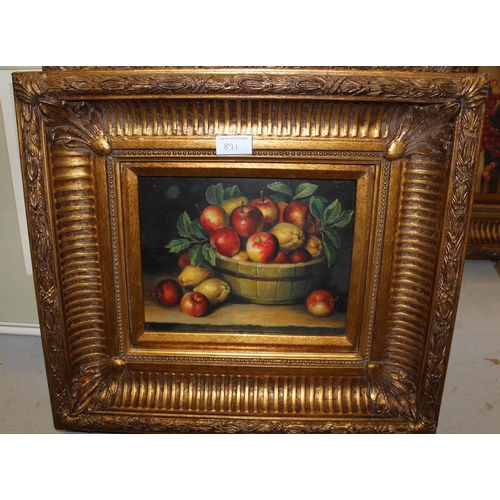 891 - Set of four 20th Century oil paintings on panel, still life of fruit, 20 x 25cm each, gilt framed