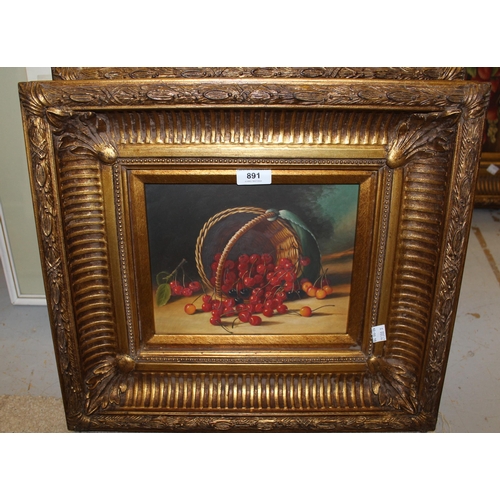 891 - Set of four 20th Century oil paintings on panel, still life of fruit, 20 x 25cm each, gilt framed