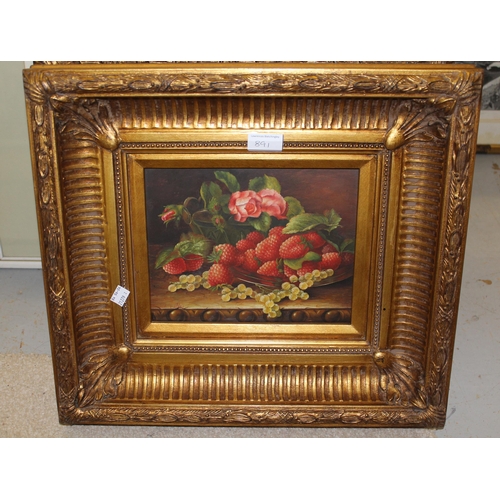 891 - Set of four 20th Century oil paintings on panel, still life of fruit, 20 x 25cm each, gilt framed