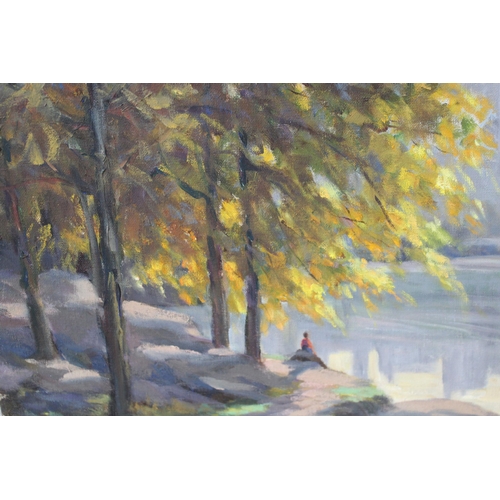 892 - Arthur Black, oil on canvas board, figures seated beside a lake, 13 x 30cm, unframed, together with ... 