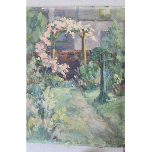 893 - I. Boucher, oil on board, garden scene, 13cm square, M. Barrett, oil on board, garden scene, 30 x 23... 