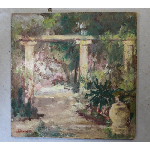 893 - I. Boucher, oil on board, garden scene, 13cm square, M. Barrett, oil on board, garden scene, 30 x 23... 