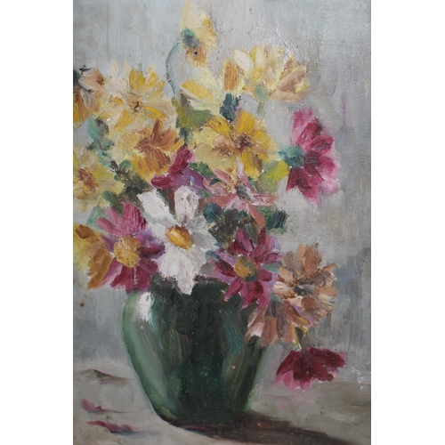 895 - Oil on canvas board, still life of flowers, indistinctly signed, 33 x 24cm, together with five other... 