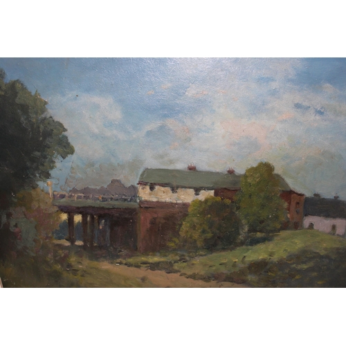 898 - H.E. Lewis, oil on board, the bridge, Hailsham, 35.5 x 45.5cm, together with five other unframed oil... 