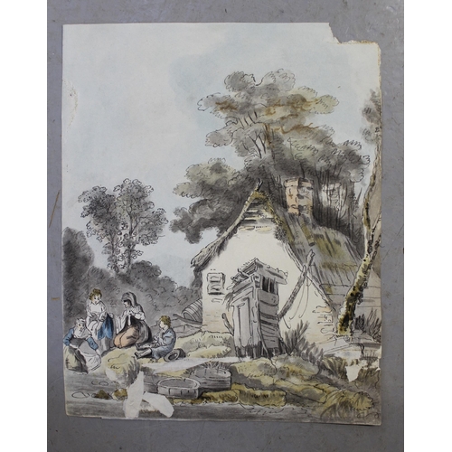 903 - 18th Century English school, ink and watercolour, group of figures outside a cottage, unsigned, 26 x... 