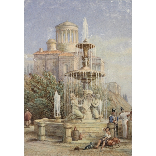 906 - Small 19th Century watercolour, figures around an Italianate fountain, 21.5 x 17cm, together with ei... 