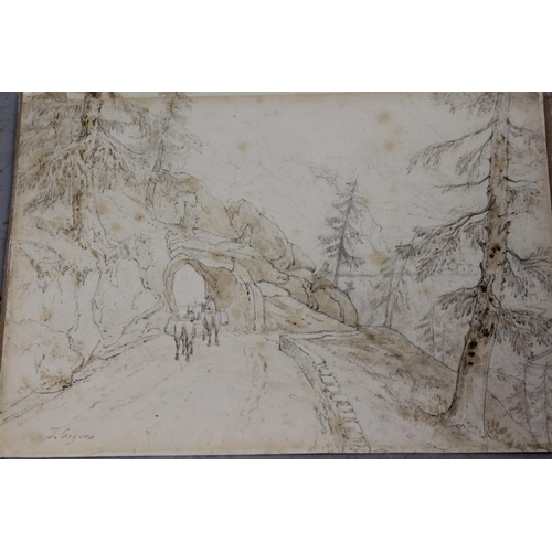 908 - J. Cousins, pencil and wash, figure leading ponies on a coastal road, 17 x 25cm, unframed, together ... 