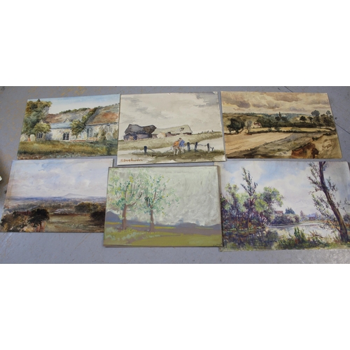 913 - Collection of sixteen various unframed watercolours, steam train in a landscape, figures before farm... 