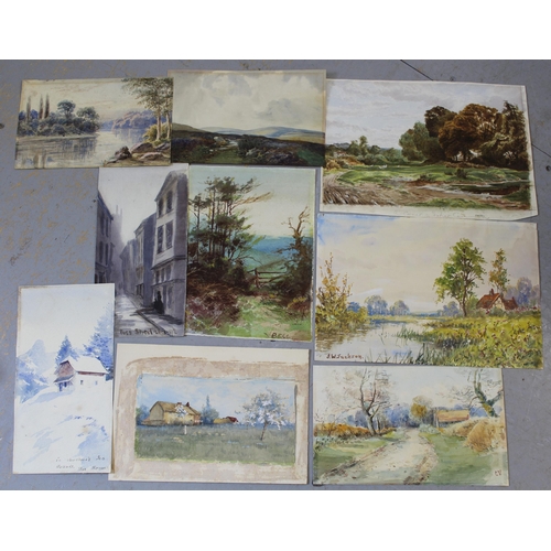 913 - Collection of sixteen various unframed watercolours, steam train in a landscape, figures before farm... 