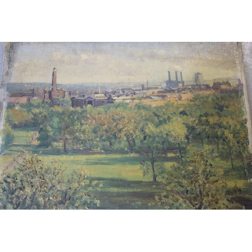 917 - Leslie Joseph Watson, oil on canvas laid down on board, industrial landscape with parkland to the fo... 