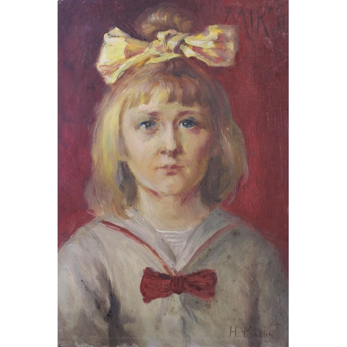 918 - H. Martin, oil on board, head and shoulder portrait of a girl with a bow in her hair, 33 x 24cm, tog... 