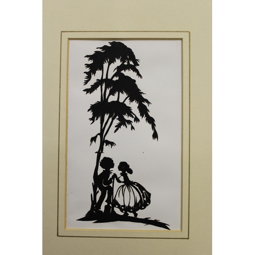 921 - Small unframed watercolour, study of a peacock in a garden, small cut-out silhouette of two children... 