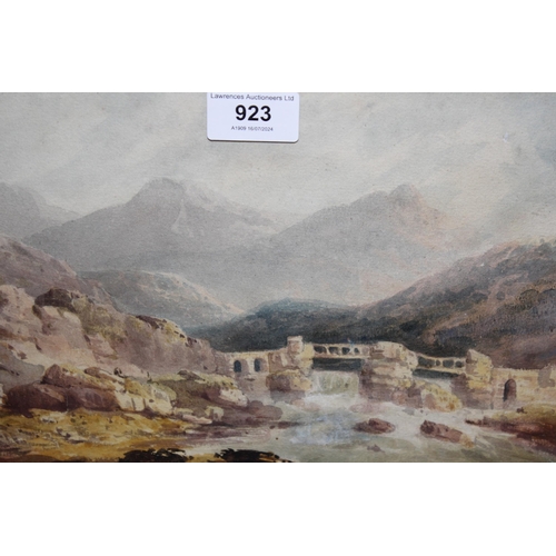 923 - Early 19th Century Continental watercolour, river landscape with stone bridge and distant mountains,... 