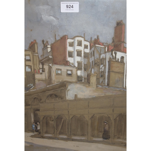 924 - H.M. Livers? watercolour, figures in a street, bearing label and inscribed ' Duchess Street ', 38 x ... 