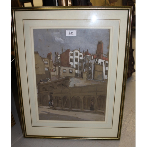 924 - H.M. Livers? watercolour, figures in a street, bearing label and inscribed ' Duchess Street ', 38 x ... 