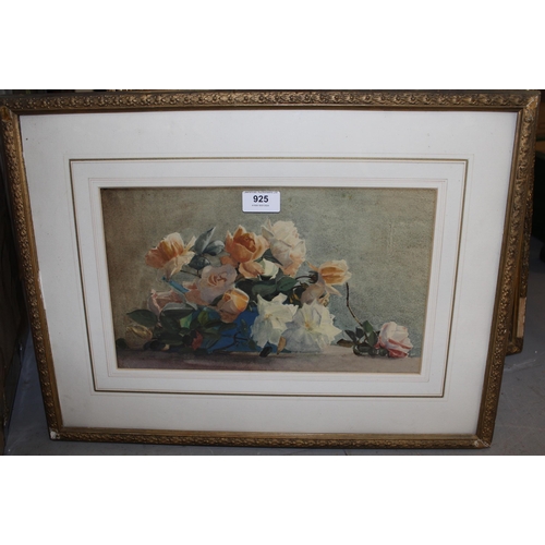 925 - Early 20th Century watercolour, still life of roses, unsigned, 20 x 34cm, together with another oil ... 