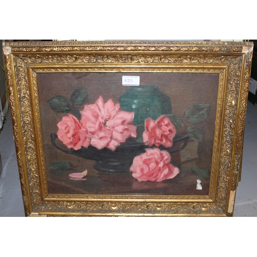 925 - Early 20th Century watercolour, still life of roses, unsigned, 20 x 34cm, together with another oil ... 