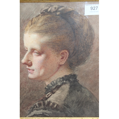 927 - 19th Century watercolour, head and shoulder portrait of a lady, unsigned, 21 x 26cm, in an ornate gi... 