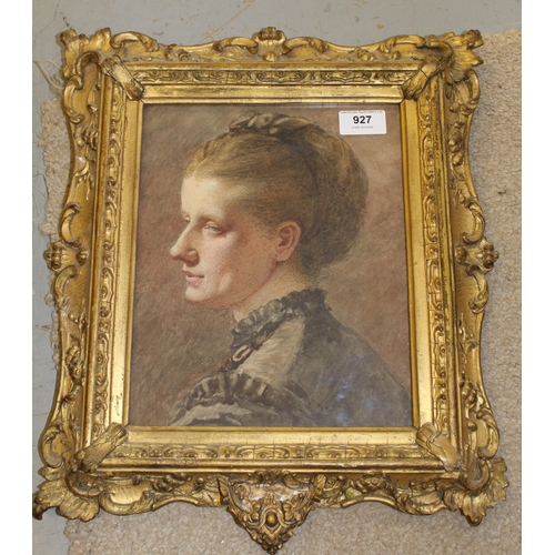 927 - 19th Century watercolour, head and shoulder portrait of a lady, unsigned, 21 x 26cm, in an ornate gi... 