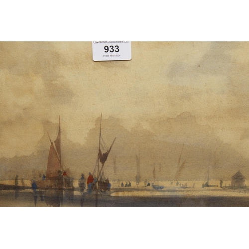 933 - Watercolour, coastal scene with various figures and boats, monogrammed ' W ', 18 x 29cm, together wi... 