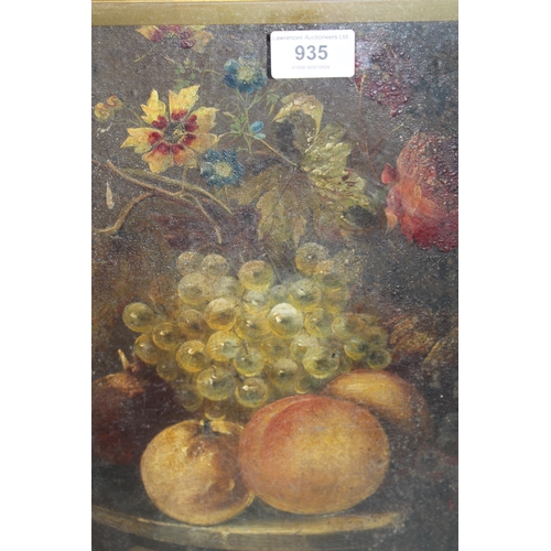 935 - Late 19th / early 20th Century oil on board, still life of fruit, in an ebonised and gilt frame, 29 ... 