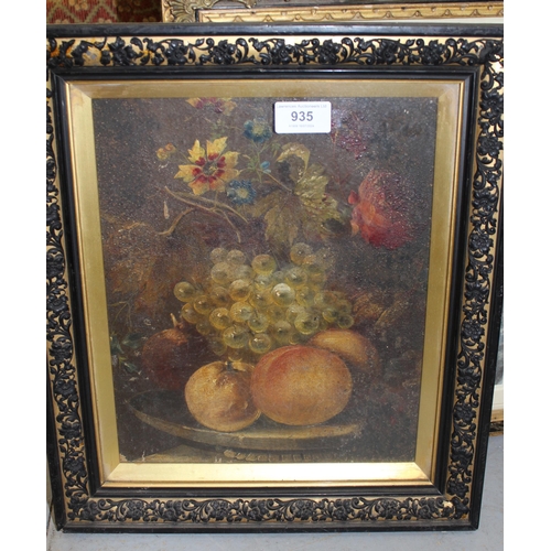 935 - Late 19th / early 20th Century oil on board, still life of fruit, in an ebonised and gilt frame, 29 ... 