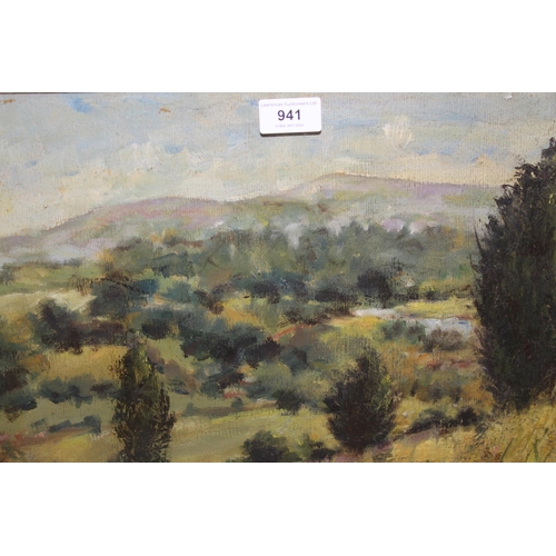 941 - 20th Century oil on board, impressionist style landscape, view across a valley, gilt framed, 29 x 49... 