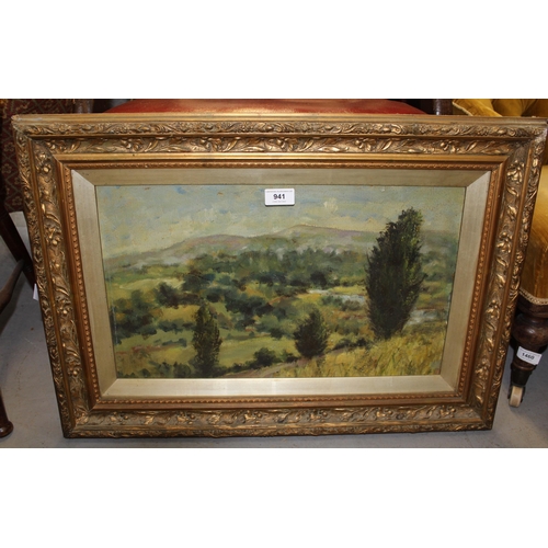 941 - 20th Century oil on board, impressionist style landscape, view across a valley, gilt framed, 29 x 49... 