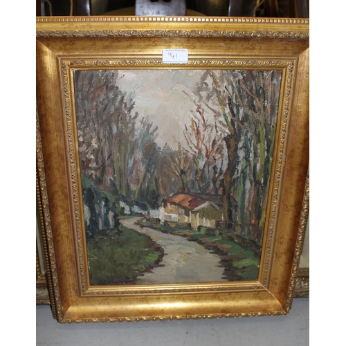 941 - 20th Century oil on board, impressionist style landscape, view across a valley, gilt framed, 29 x 49... 