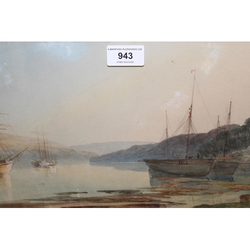 943 - 19th Century watercolour, river estuary scene with various moored boats, monogrammed M.E.W., 20 x 32... 