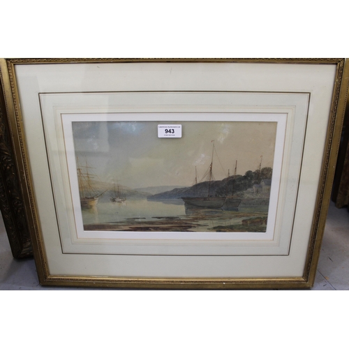 943 - 19th Century watercolour, river estuary scene with various moored boats, monogrammed M.E.W., 20 x 32... 