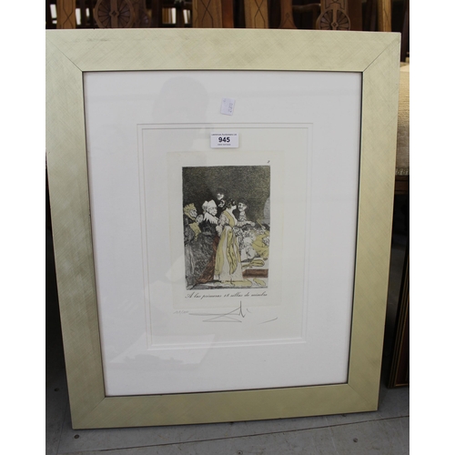 945 - Salvadore Dali, signed etching with aquatint and colour, ' A Las Primeras ' Limited Edition No. 108 ... 