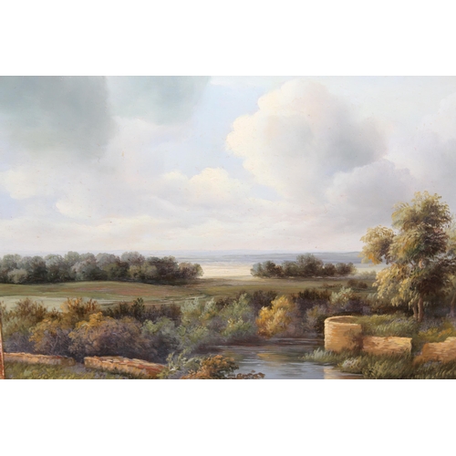 951 - Two modern gilt framed oils on board, landscapes, indistinctly signed, 17 x 22cm each, gilt framed