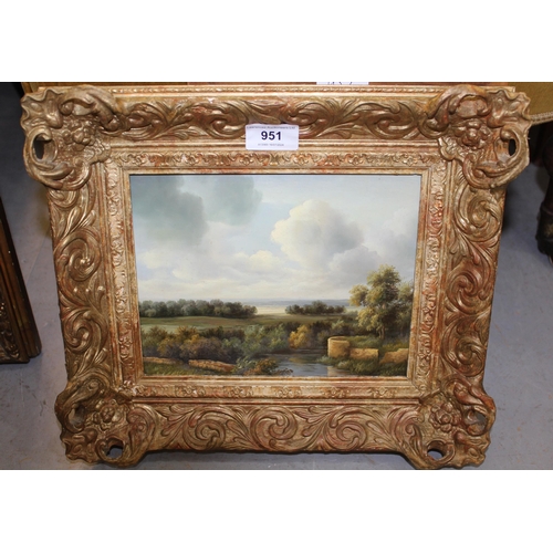 951 - Two modern gilt framed oils on board, landscapes, indistinctly signed, 17 x 22cm each, gilt framed