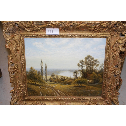 951 - Two modern gilt framed oils on board, landscapes, indistinctly signed, 17 x 22cm each, gilt framed