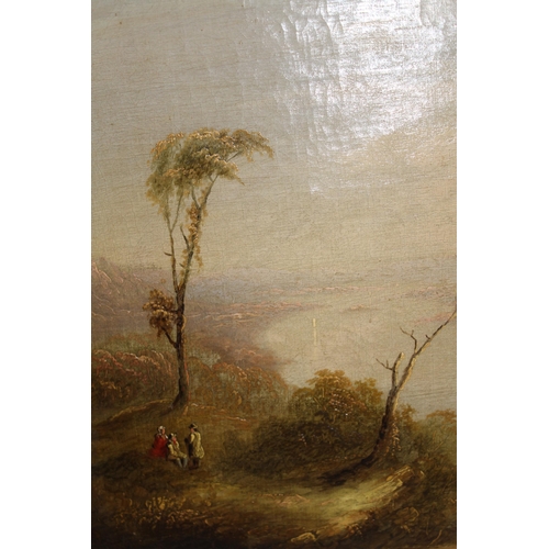 952 - 19th Century oil on canvas, figures overlooking a loch, unsigned, 34cm square, gilt framed