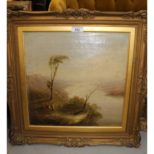 952 - 19th Century oil on canvas, figures overlooking a loch, unsigned, 34cm square, gilt framed