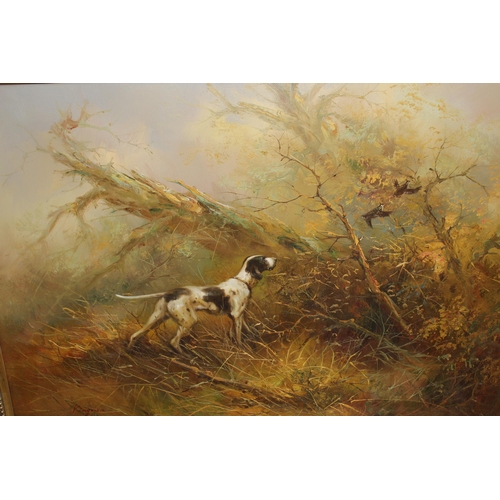 953 - Eugene Kingman, oil on canvas, gun dog in landscape, signed, 60 x 90cm, gilt framed