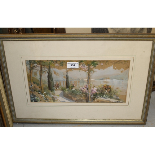 954 - Watercolour, Italian lake scene, signed Gianni, 16 x 34cm, gilt framed